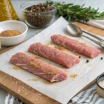 Pat the long round raw pork tenderloins dry with a paper towel and rub each with about 1 tablespoon of olive oil, plus 2 tablespoons of pork rub.