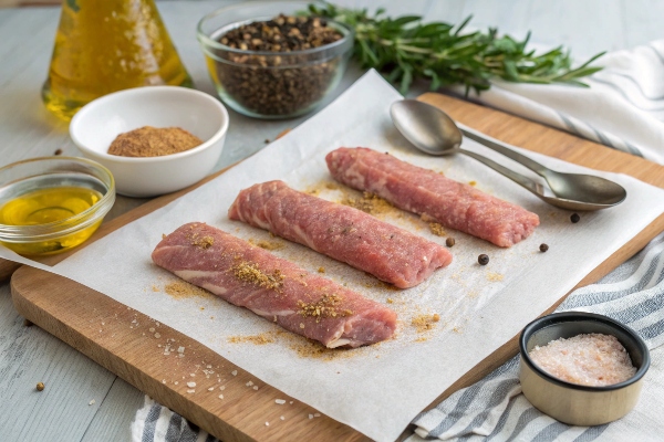Pat the long round raw pork tenderloins dry with a paper towel and rub each with about 1 tablespoon of olive oil, plus 2 tablespoons of pork rub.